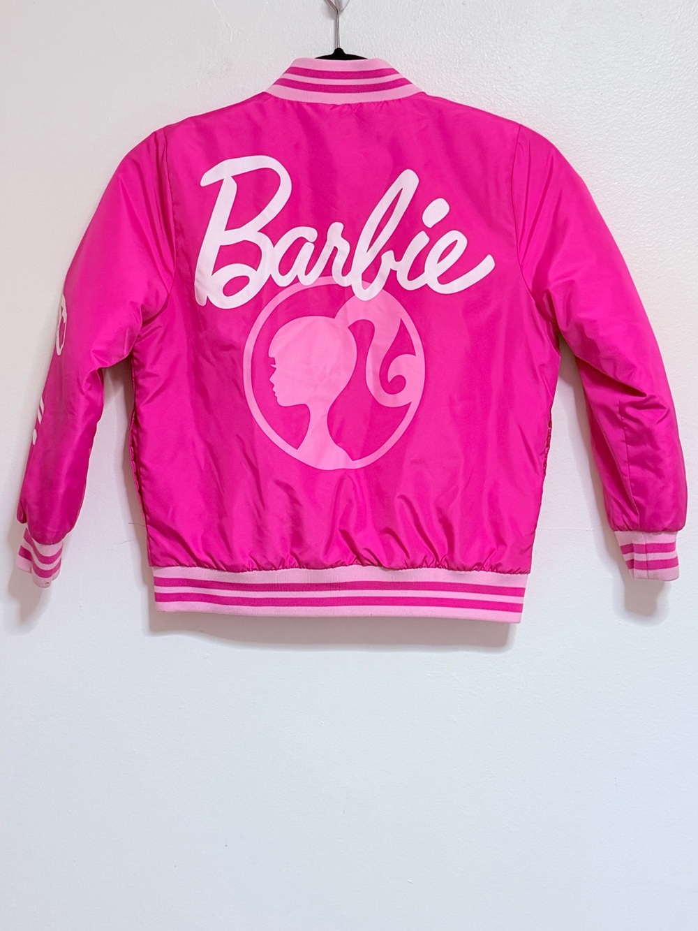 Barbie Bright Pink Script Bomber Jacket size 7/8